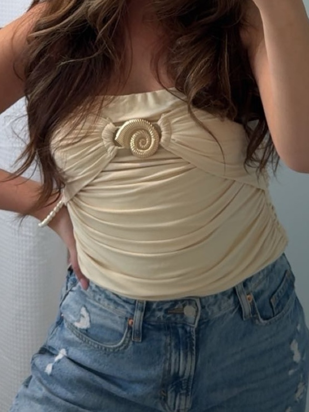 Strapless Cream Ruched Tank Top with Decorative Seashell
